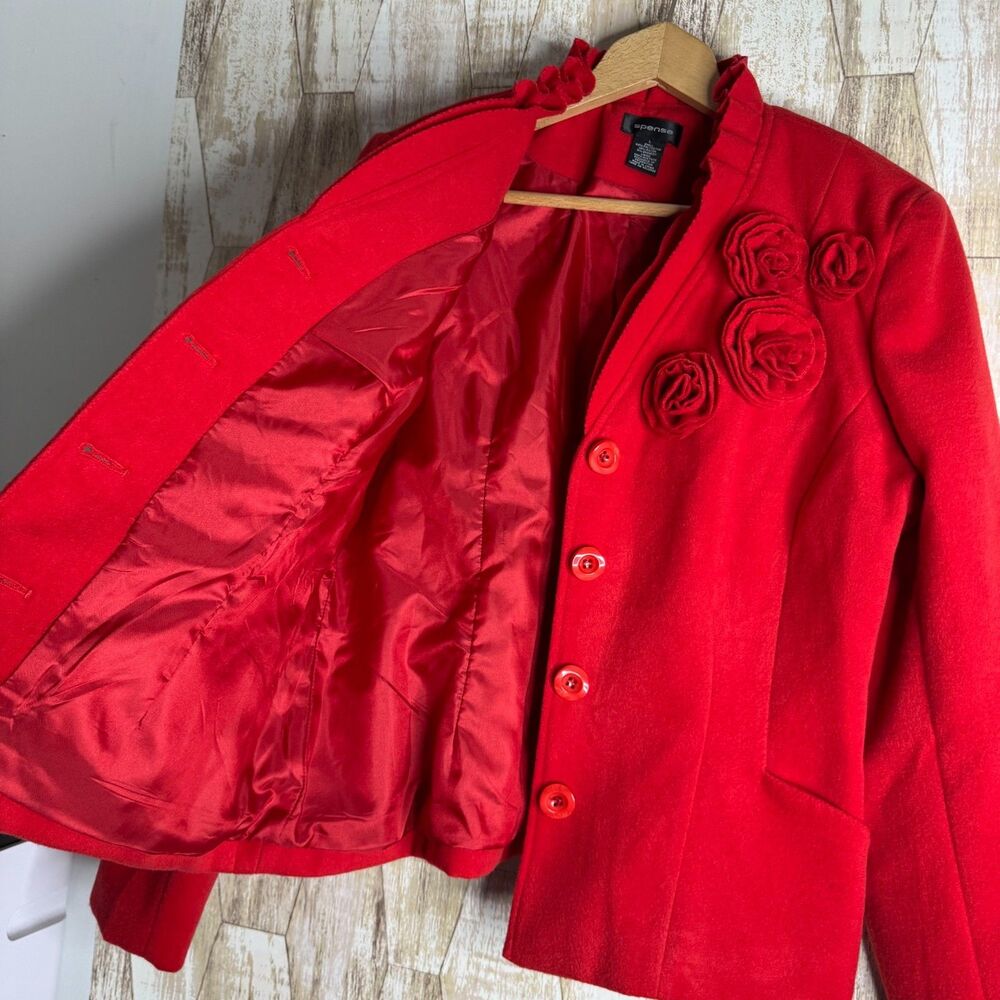Spense Blazer Suit Coat Pleated RUFFLE Floral ROSETTE RED Felt Jacket Size L - Picture 3 of 8